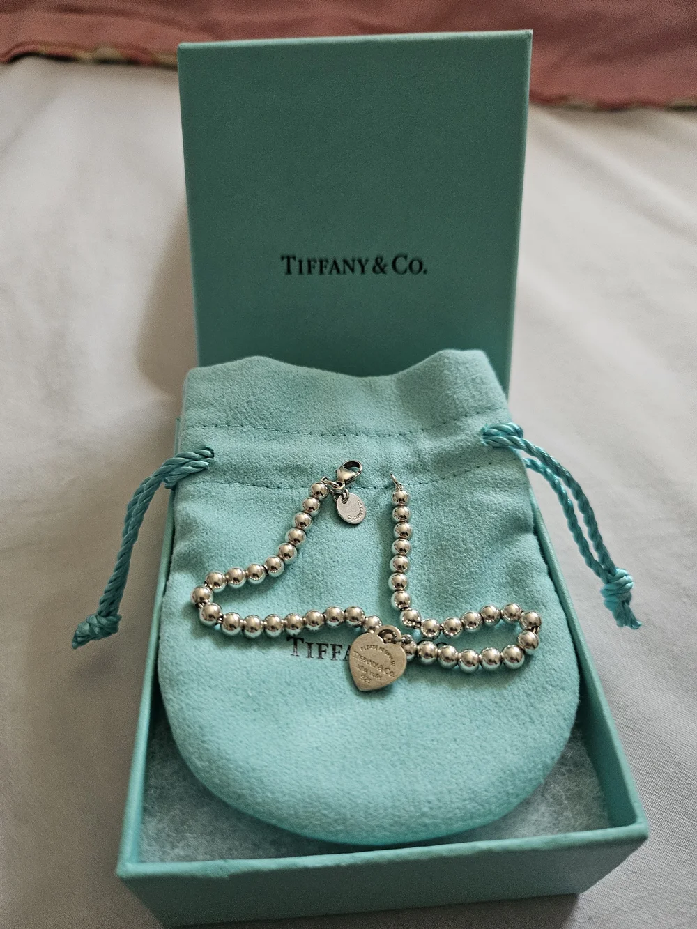 Tiffany & Co. Sterling Silver Bead Bracelet with Heart Tag - Blue (Pouch)